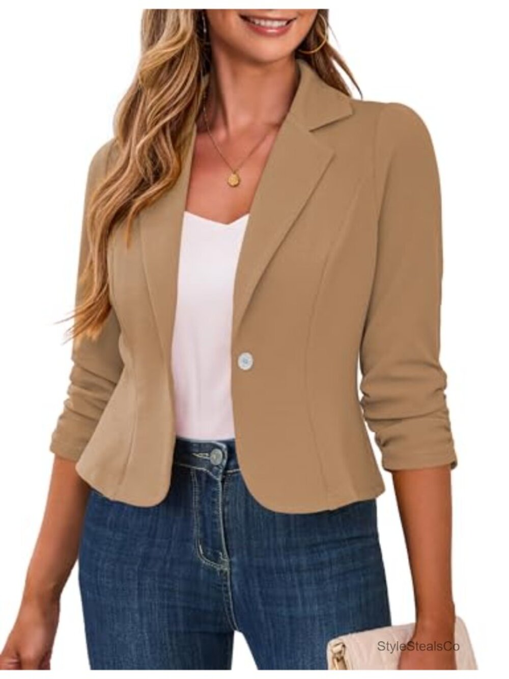 Cropped Blazer 3/4 Ruched Sleeve Business Casual Women's